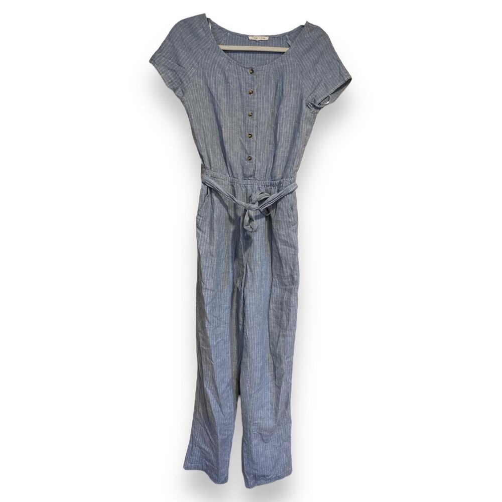 Womens Copper Key Blue White Striped Linen Cap Sleeve Button Jumpsuit Size XS